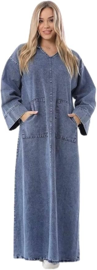 دريس جينز نسائي للمحجبات كاجوال طويل - فستان جينز ليكرا مستورد بجيوب - تونيك خروج واسع مقاسات كبيرة (حتى 120 كيلو) - ملابس خروج شيك وعصرية